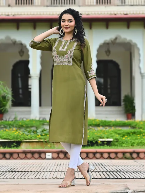 Green cotton silk casual embroidered kurti