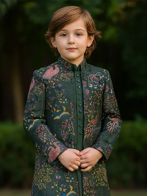 Green cotton silk embroidered indowestern suit