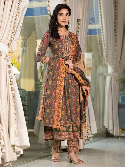 Green cotton silk kurti set with print