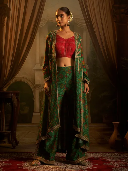Green cotton silk palazzo suit with long jacket