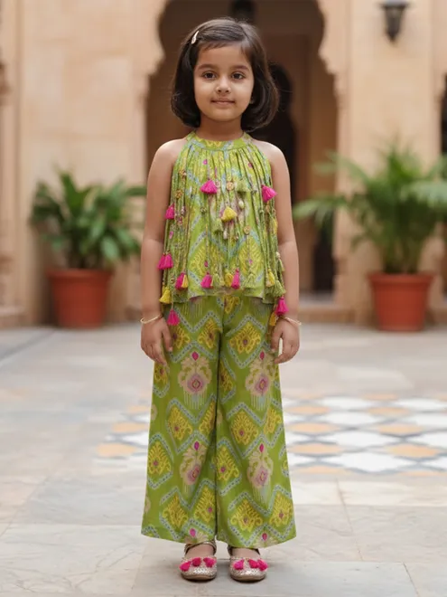 Green cotton silk printed co-ord set with cowrie shell and tassel work