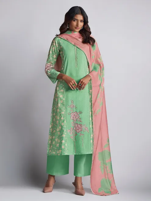 Green cotton silk printed salwar suit for women