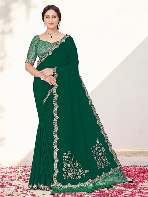 Green crepe saree with stones and resham embroidery