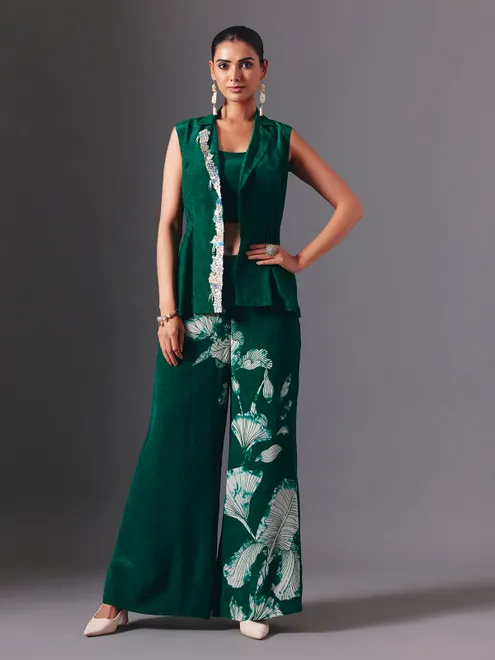 Green crepe silk floral printed palazzo suit with elegant tassels