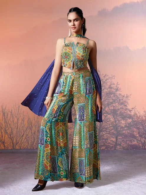 Green crepe silk printed designer palazzo suit