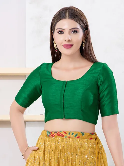 Green dupion silk front open elbow sleeve blouse