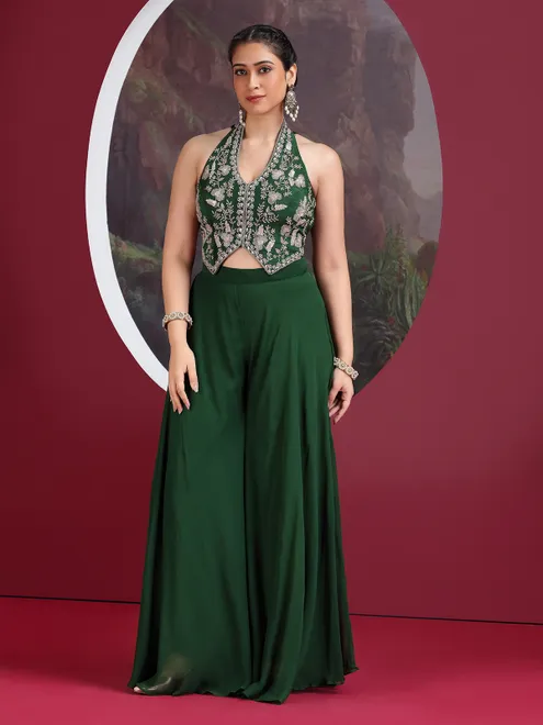 Green embellished designer palazzo suit