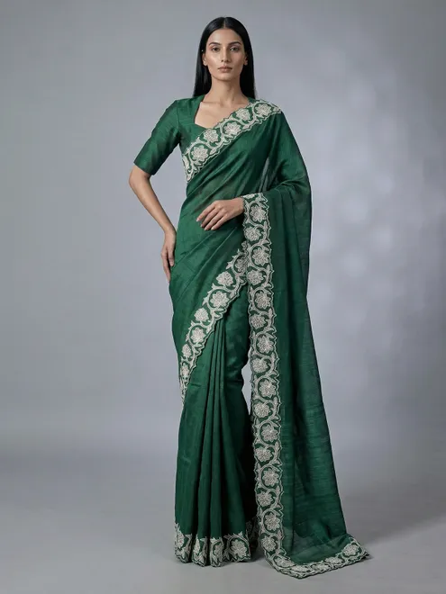 Green embrodered tissue silk saree