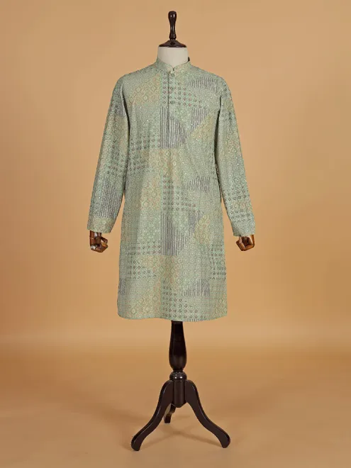 Green embroided kurta set of cotton for men