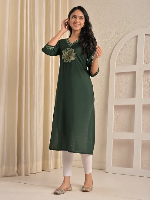 Green embroidered and sequins work silk kurti