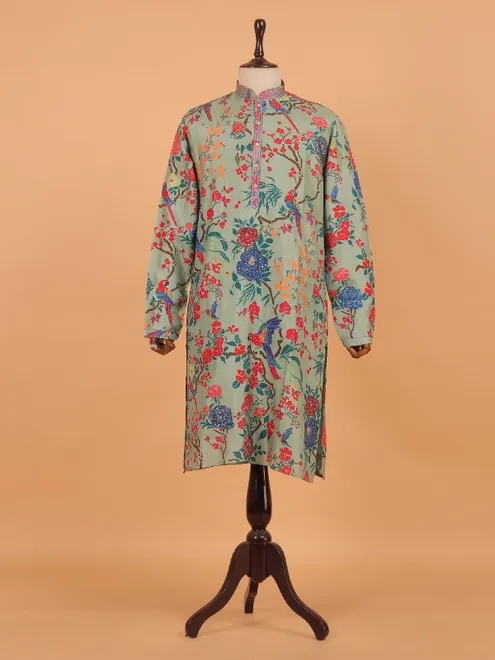 Green festive printed kurta set for men