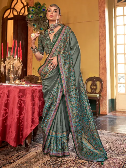 Green festive wear silk saree with print
