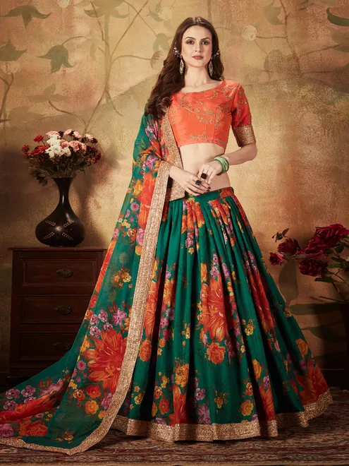 Green floral lehenga choli with embroidered blouse