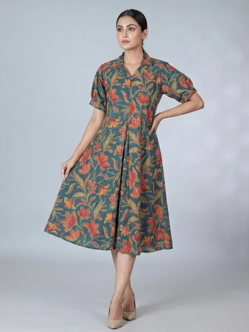 Green floral printed cotton silk kurti for women casual wear