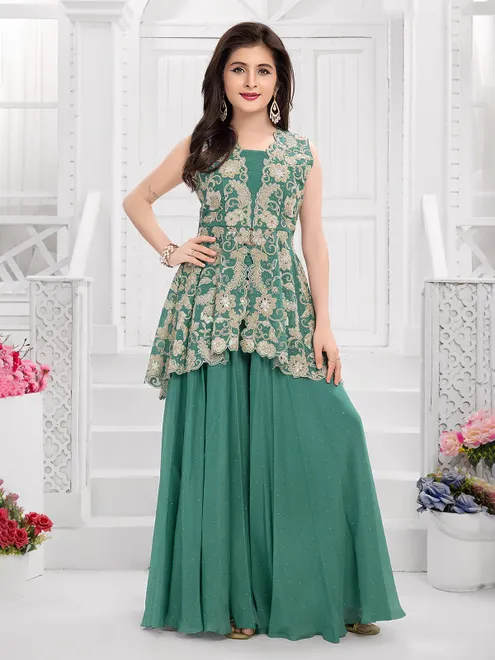 Green georgette palazzo suit with mirror work