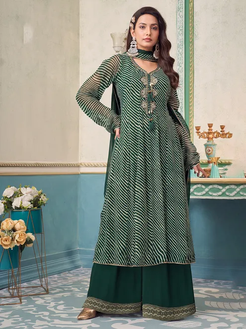 Green georgette printed palazzo suit for rakhi