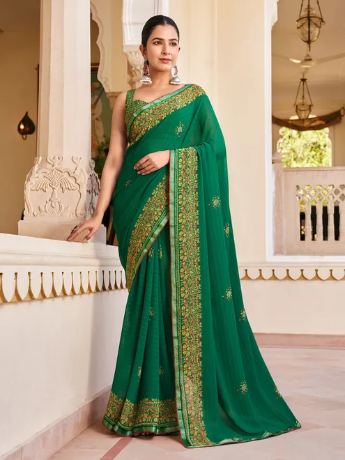 Green georgette saree for women party wear