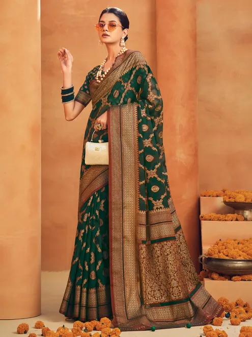 Green georgette saree with zari border