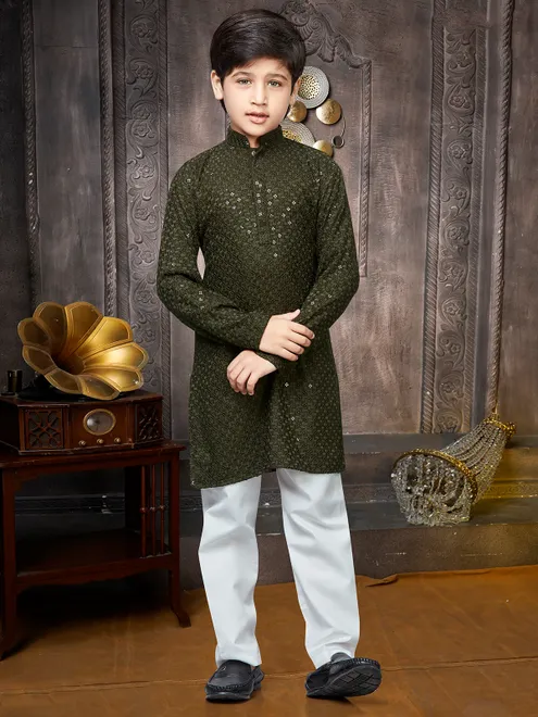 Green georgette sequins kurta suit for boys