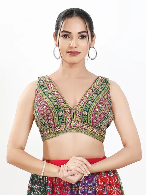 Green georgette sequins V neck blouse