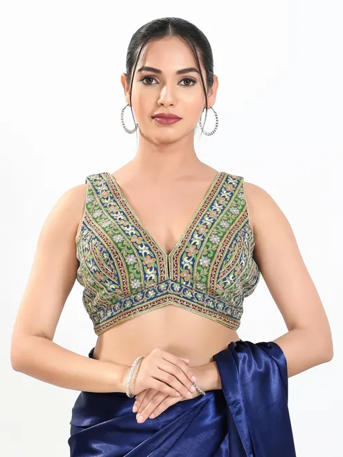 Green georgette thread and sequins V neck sleeveless blouse