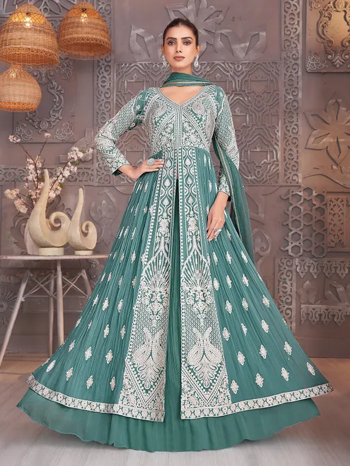 Green georgette V neck lehenga suit