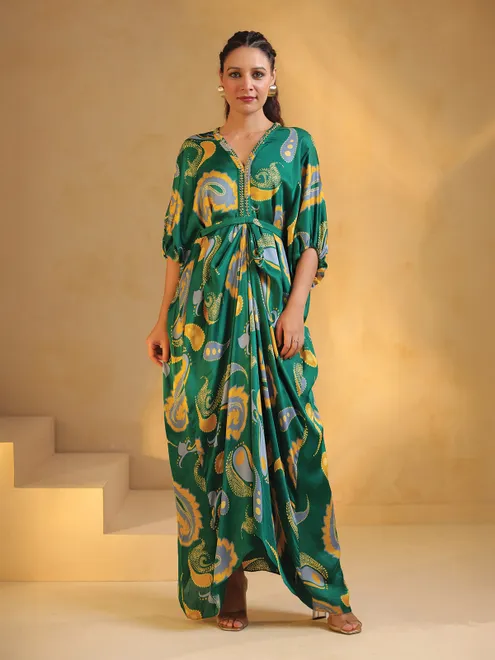 Green indowestern printed silk kurti