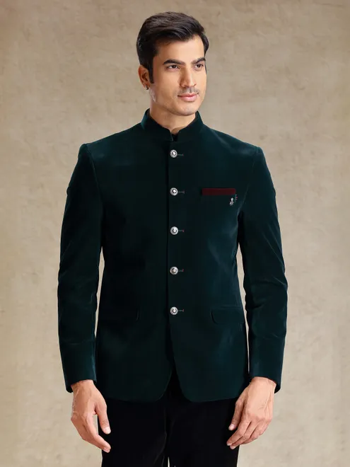 Green jodhpuri bandh gala set in velvet