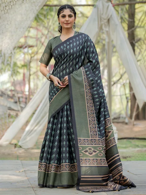 Green kozi silk printed saree for festive