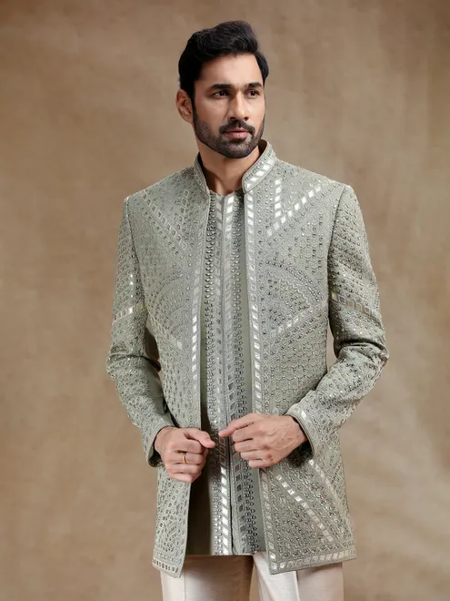 Green linen silk men indowestern set