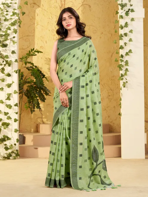 Green linen silk woven work saree