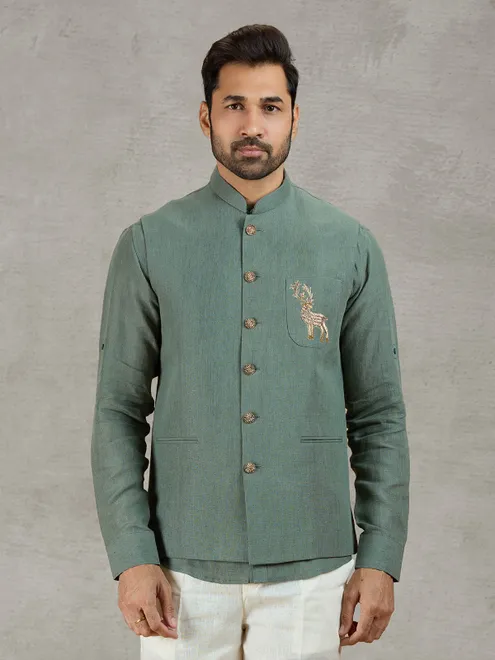 Green linen waistcoat with shirt for festive occasions
