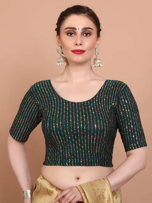 Green lycra embroidered strechable ready made blouse