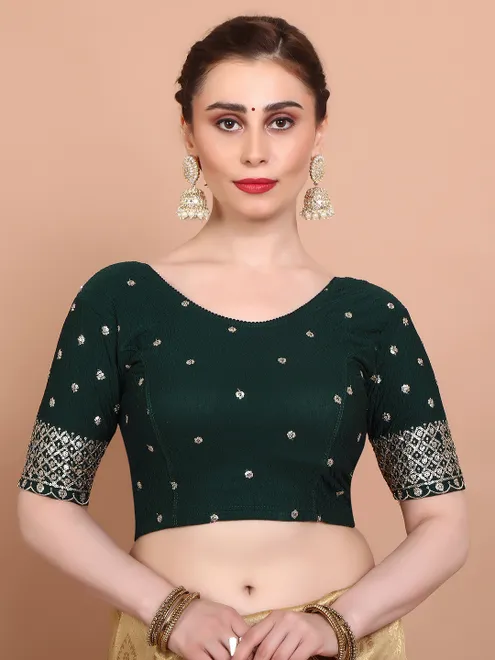 Green lycra strechable embroidered ready made blouse