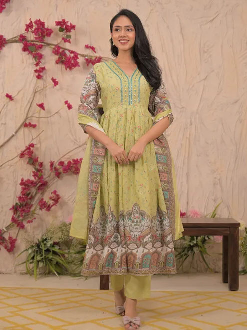 Green mulmul kurti set with aabla embroidery