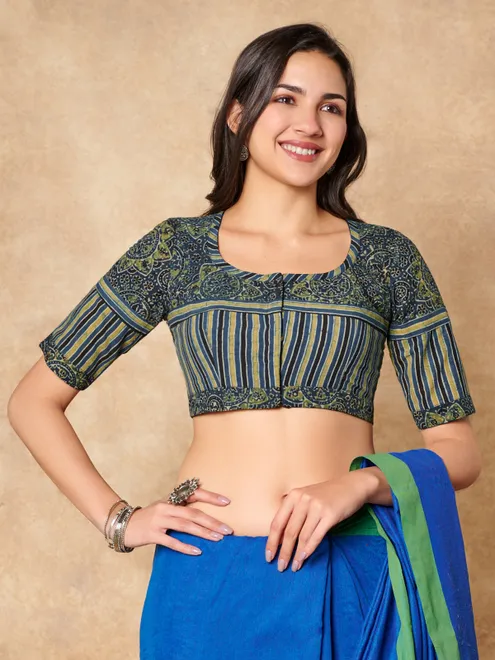 Green ajrakh printed cotton ready made blouse for women