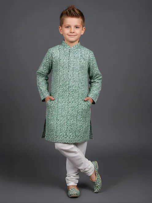 Green printed cotton kurta churidar suit