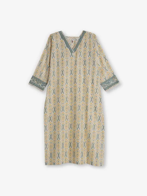 Green printed cotton kurti with thread work
