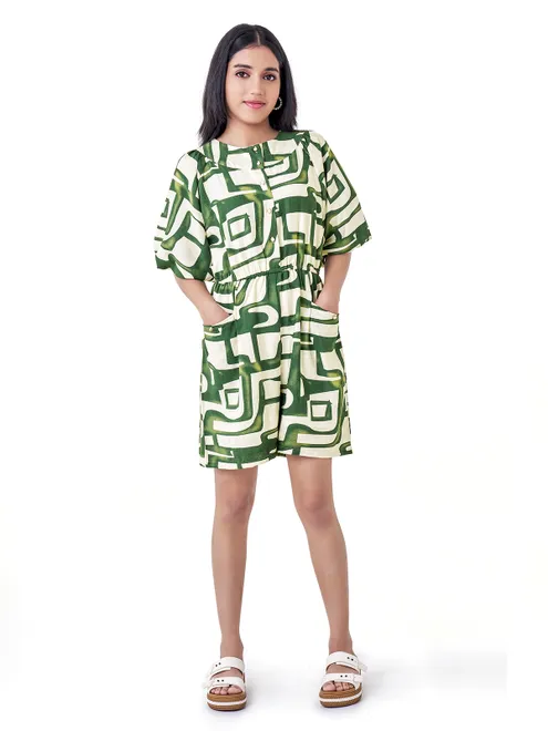Green printed cotton silk jumpsuit with round Neck
