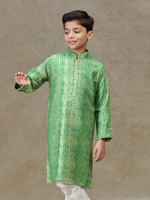 Green printed cotton silk kurta set for boys