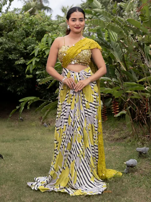 Green printed indowestern suit for women