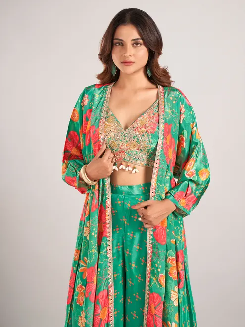 Green printed satin silk palazzo suit for wedding