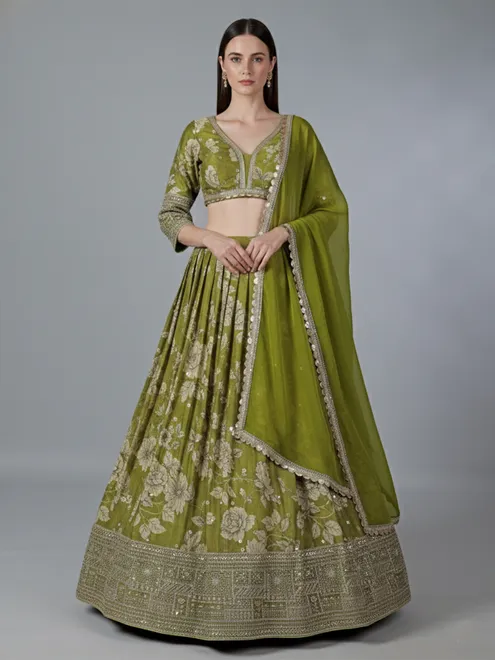 Green printed silk lehenga choli for mehendi celebration