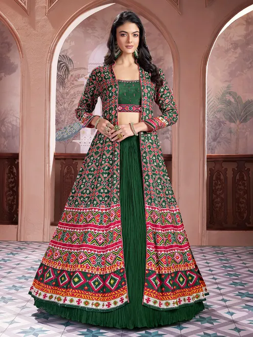 Green printed silk long jacket style lehenga ensemble