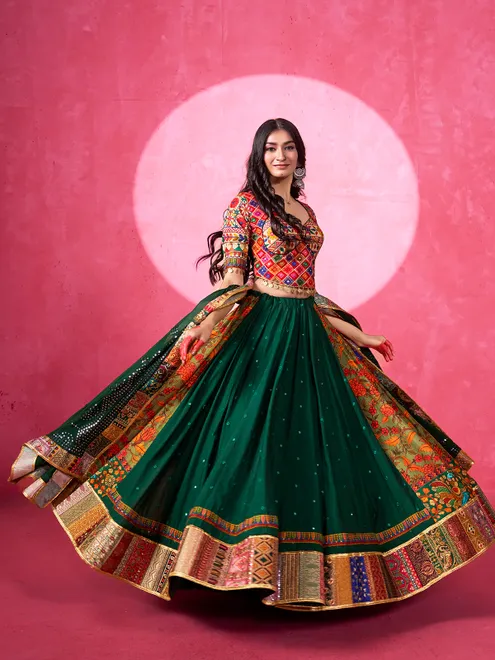 Green printed silk navratri wear lehenga choli