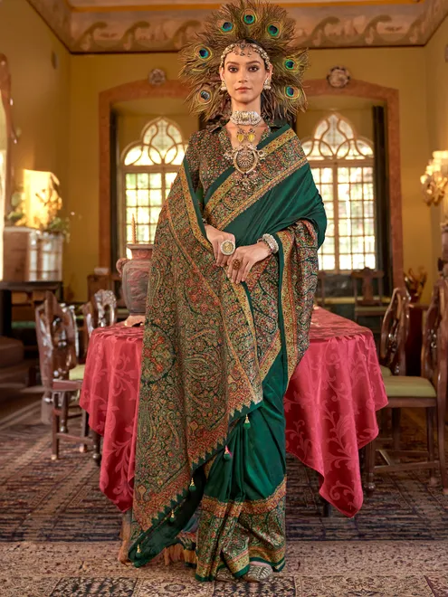 Green printed silk saree for festive wear