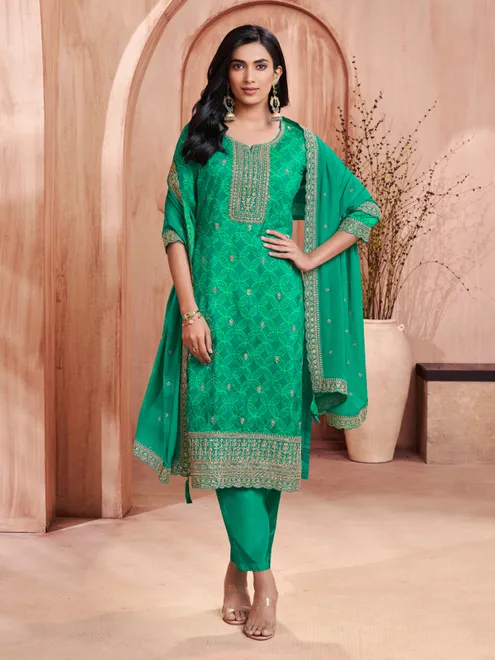 Green printed straight cut silk wedding kurti set