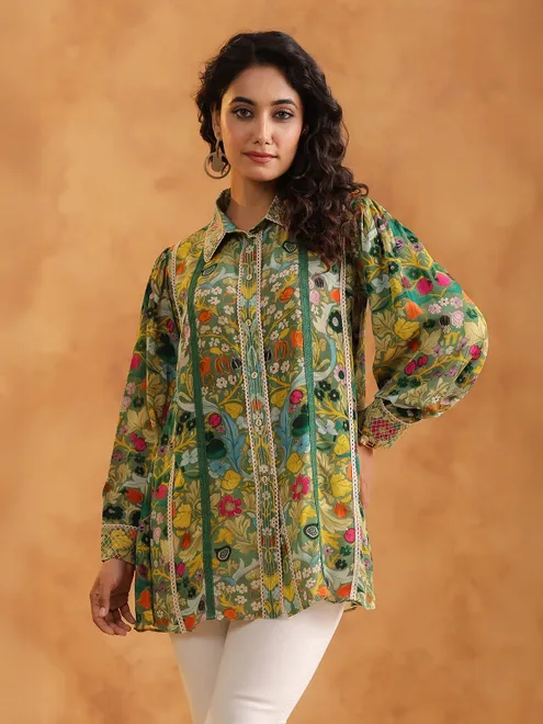 Green printed women shirt in crepe silk