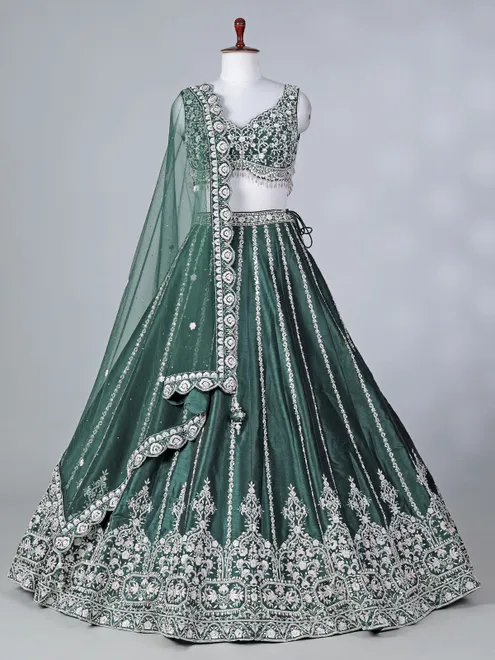 Green raw silk lehenga choli with stone work