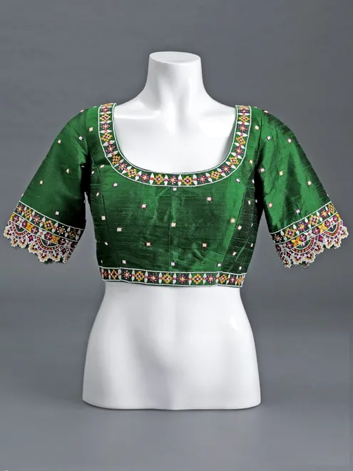 Green raw silk round neck half sleeve blouse